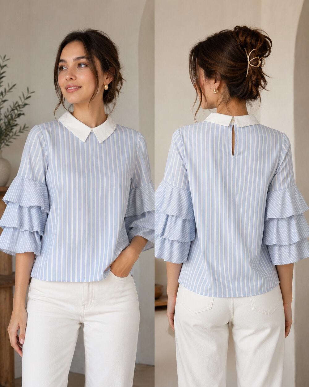 CeCe Blue White Stripe Ruffle Sleeve Blouse Peter Pan Collar M coastal preppy